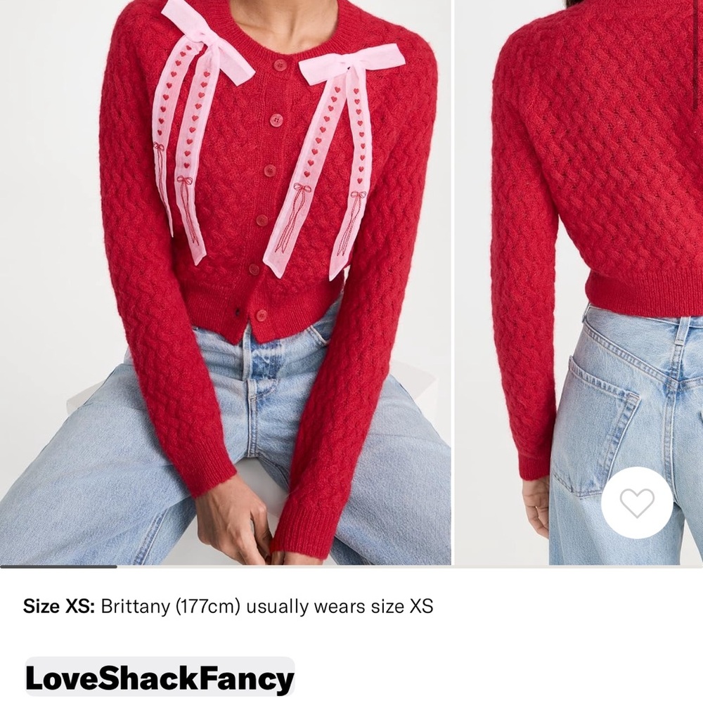 LoveShackFancy Red Cropped Cable-Knit Cardigan with Pink Ribbon Bows